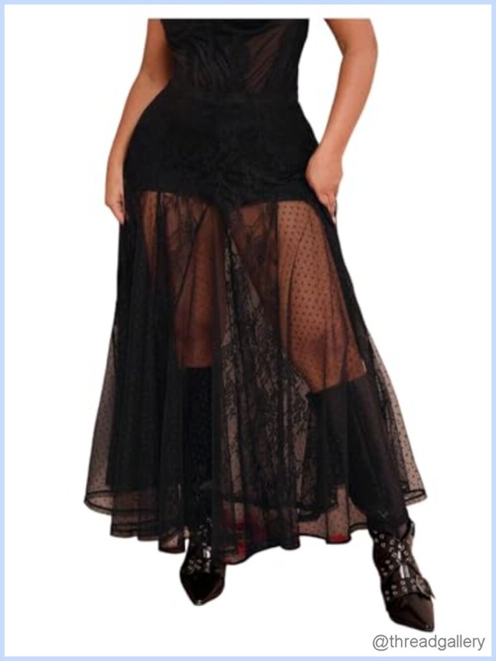 Plus Size Lace Mesh Sheer Maxi Skirt Flowy Flared High Waisted Tulle A-Line